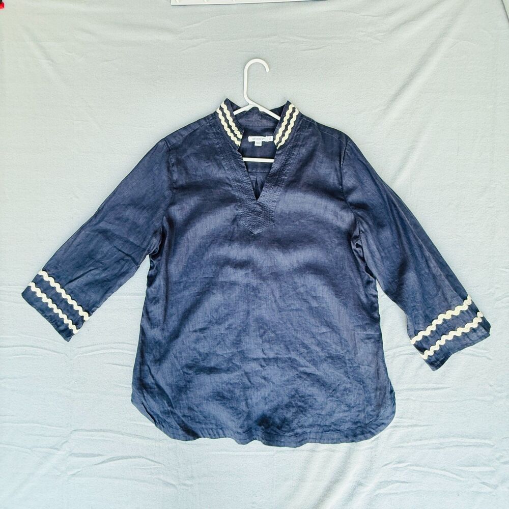 Chicos 100% Linen Navy Gold Ric Rac Tunic Top 3 US Size 16 Coastal Resort